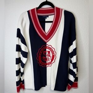 Tommy Hilfiger Women’s V-Neck Sweater with Navy, White, and Red Stripes